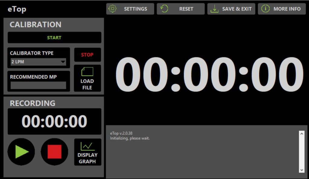 eTop software interface showing calibration and recording options for smoking behavior measurement.
