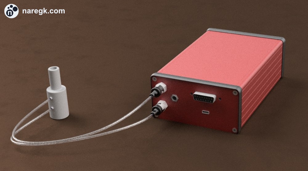 CAD render of the eTop puff topography instrument: a red anodised aluminium enclosure with a DB15 data connector and USB port, connected by two clear tubes to a white cylindrical mouthpiece used to measure puffing behaviour.